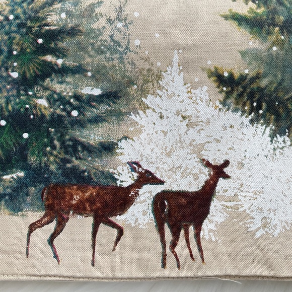Pottery Barn Deer In Snow Table Runner 18”x108” Stag Tree Forest Woodland Winter - Picture 1 of 11
